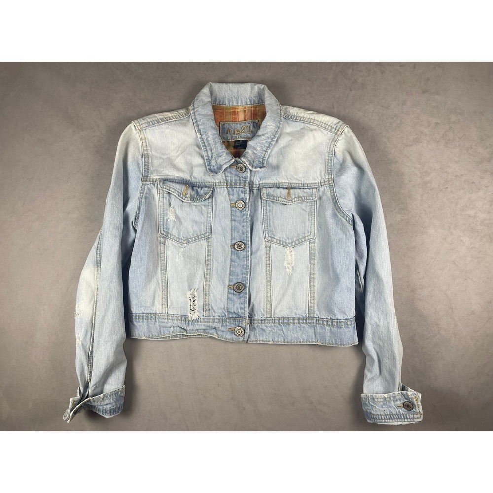 rue21 Kids XL Light Wash Distressed Cropped Denim Jacket Flannel Lined Blue